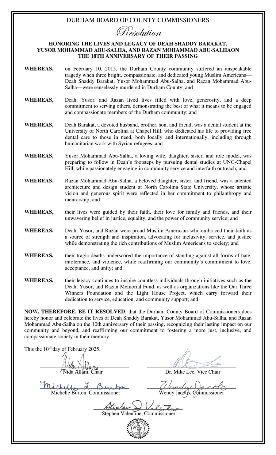 Resolution Honoring the Lives and Legacy of Our Three Winners — Durham Board of County Commissioners