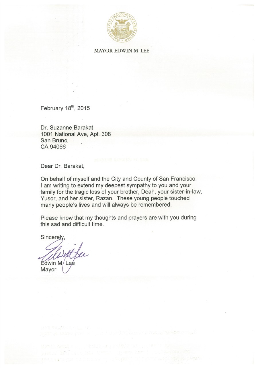 Letter to Suzanne and the Family — Mayor Edwin M. Lee, City and County of San Francisco