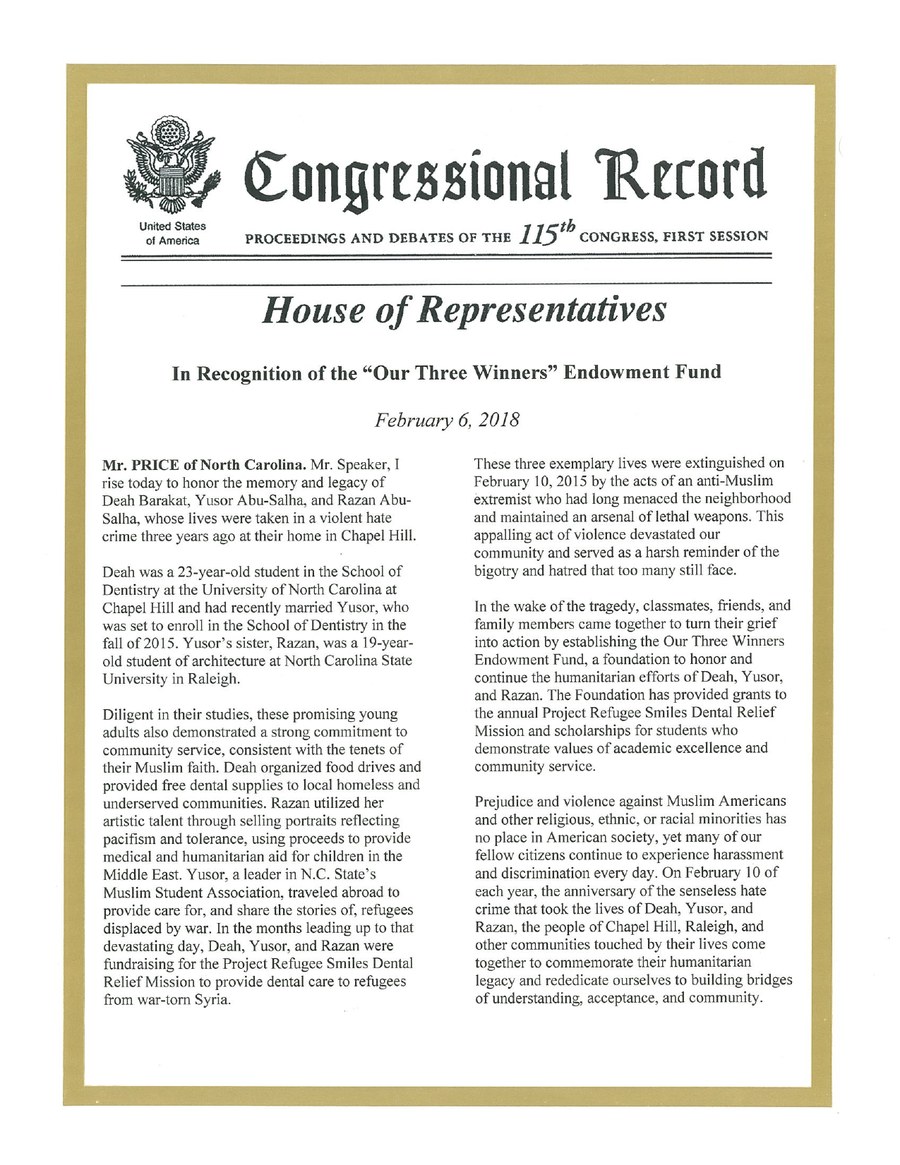 Recognition of the Our Three Winners Endowment Fund — Rep. David E. Price (NC), U.S. House of Representatives — Congressional Record